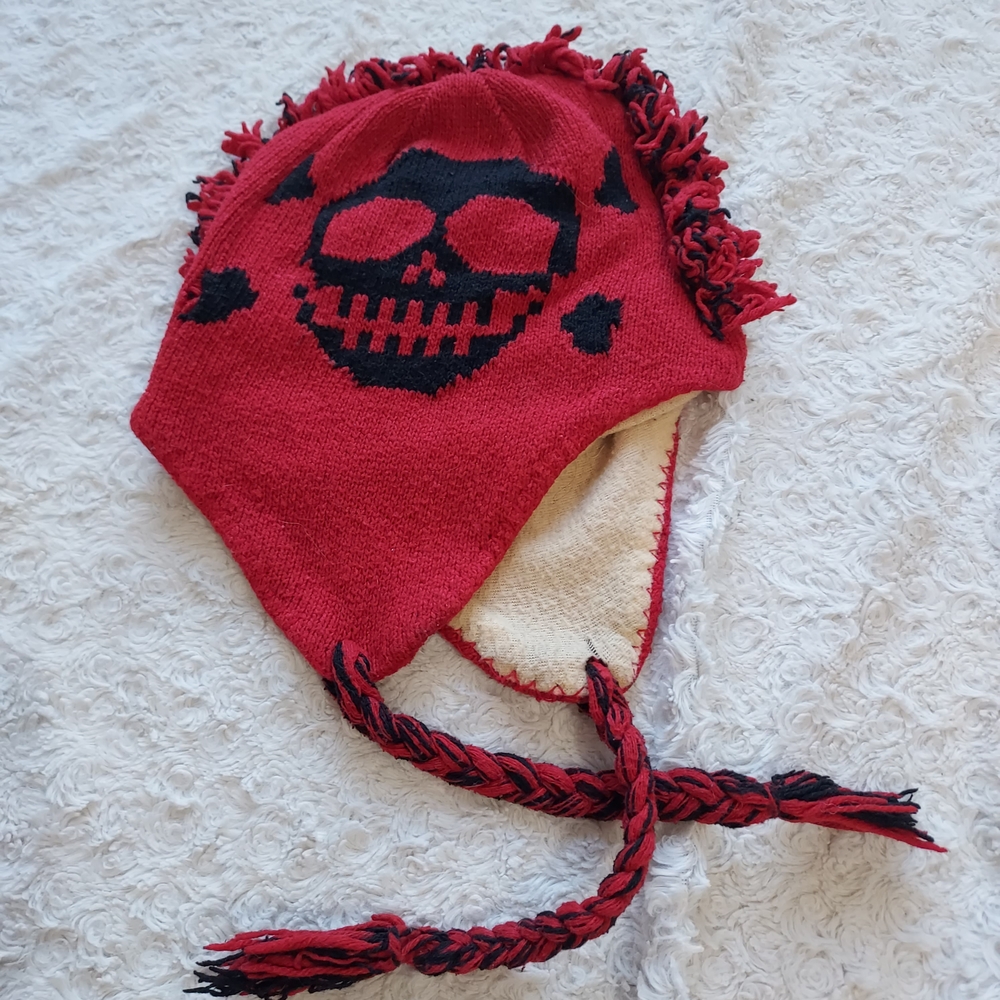 Red Knit Lined Beanie Ear Flaps Black Skull Goth Skater Streetwear Snow Winter